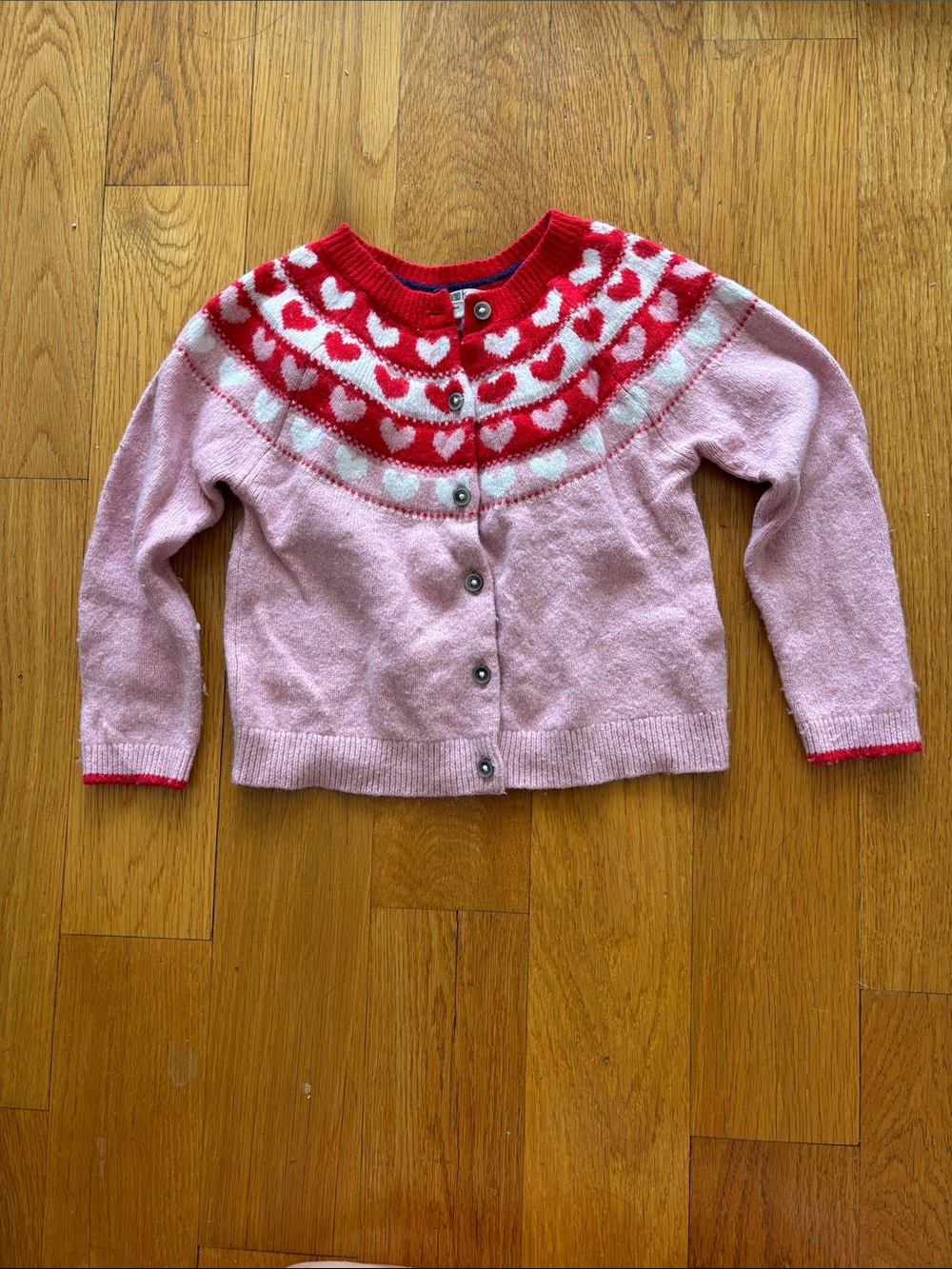 MiniBoden Pink Cardigan with Red and White Heart Yoke